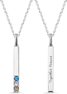 AILIN 925 Sterling Silver Custom 3D Vertical Bar Necklace Personalized Back Engraved Necklace With Any Name 1-9 Birthstones Pendant Necklace For Family Mother Grandmother