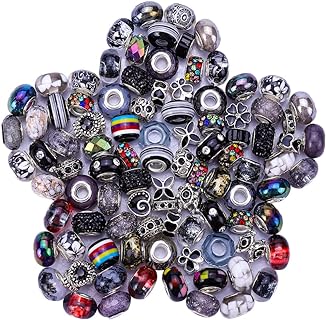 VICTLOV 60-Piece European-Style Large Hole Spacer Beads in Black Resin, Glass & Metal for Pandora Bracelets with Fairy Wands Charm Design