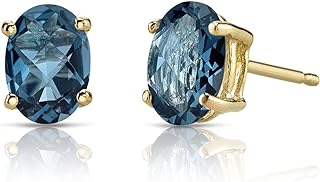 14 Karat Yellow Gold & London Blue Topaz Stud Earrings for Women by Peora - Elegant Oval Shape Solitaire Design, 2 Carat Total Weight, Comfortable Push Back Mechanism