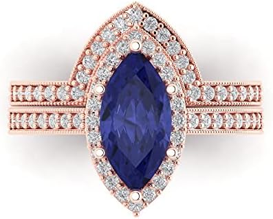 Clara Pucci 2.16ct Marquise Cut Halo Solitaire Simulated Tanzanite Engagement Promise Anniversary Bridal Ring Band set 18K Rose Gold