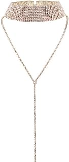 ROSYSHE 10 Rows Diamond Choker Rhinestone Necklace Crystal Tassel Wide Collar Necklaces Sparkly Long Crystal Collar Neck Chain for Women and Girls