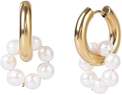 Clutchless Freshwater Pearl Hoop Earrings, 18K Gold Plated Titanium Alloy for Women, Lightweight Dangle Design