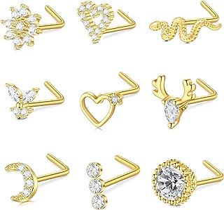 TOKRING 18G 20G Nose Rings Studs Surgical Steel L Shaped Screw Nose Piercing Jewelry for Women Men