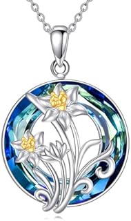 Crystal Daffodil Pendant Necklace with Sterling Silver Cable Chain for Women and Girls, March Birth Flower Design