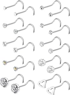 FIBO STEEL 20G Nose Rings Studs for Women 316L Surgical Steel Screw Nose Studs Nose Piercings Jewelry CZ Inlaid 1.5MM 2MM 2.5MM 3MM 3.5MM 10Pcs