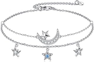 Lobster Claw Clasp Star Anklet w/Box Chain & Cubic Zirconia for Women - Moon/Star Design