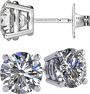 Sterling Silver Push-Back Stud Earrings with Hypoallergenic Cubic Zirconia for Men and Women - Round Design