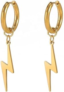 Hinged Hoop Lightning Bolt Dangle Earrings in Stainless Steel for Women and Girls - Punk Edgy Hip Hop Design Jewelry