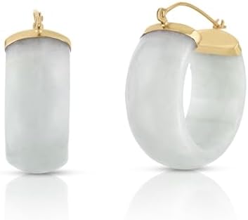 Elegant 10K Yellow Gold Hoop Earrings Adorned with Genuine Green Jade - Classy 2cm Diameter Statement Jewelry