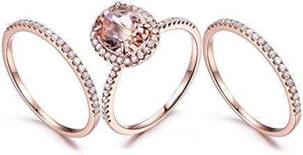 Morganite Ring Set 6x8mm Oval Pink Stone Diamond Wedding Band 14K Rose Gold Engagement Bridal Set