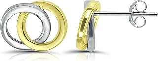 Sterling Silver Stud Earrings with Push Back, Double Interlocking Circles Design for Women and Teen Girls
