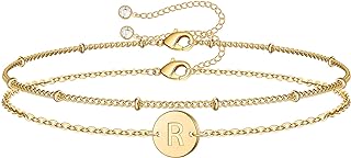 MONOZO Mothers Day Gifts for Mom Wife - Gold Initial Bracelets for Women Dainty 14K Gold Filled Layered Beaded Letter Initial Bracelet Personalized 26 Alphabet Disc Monogram Charm Bracelet Mom Gifts