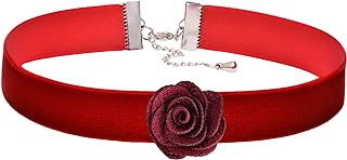 3/4" Wine Red Velvet Ribbon Gothic Choker Necklace 12-15 Inches, Maroon Rose Flower