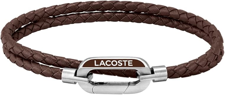 Bracelet en cuir double-tour de Lacoste pour homme, 19 cm, avec fermoir en acier inoxydable et logo gravé, idéal pour un style élégant et décontracté