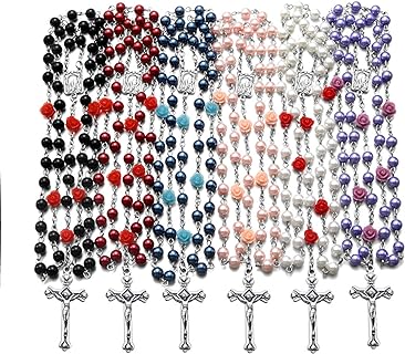 Pearl Rose Beads Rosary Catholic Necklace Holy Soil Medal Cross Crucifix-6 Packs
