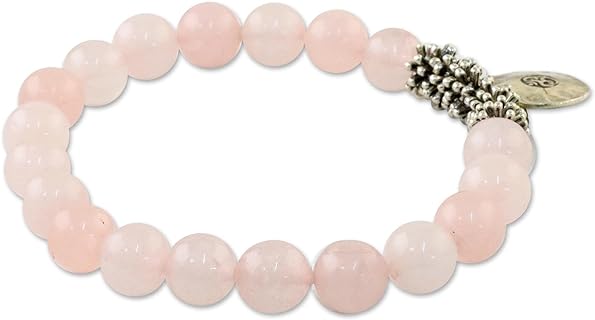 NOVICA Handcrafted Rose Quartz Bead Bracelet with Sterling Silver Om Charm on Bead Chain for Spiritual Fashionistas, No-Clasp Design from Thailand