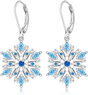 Snowflake Earrings for Women Sterling Silver Christmas Snow Flower Leverback Winter Drop Dangle Earrings Blue Sapphire Jewelry Holiday Christmas Gifts