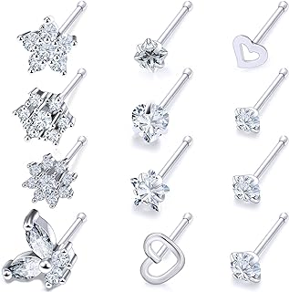 Vsnnsns 20G Nose Rings for Women 316L Surgical Stainless Steel L Shaped Nose Studs Screw Bone butterfly Nose Rings Heart-Shaped Nose Studs Nostril Piercing Diamond CZ 2mm 2.5mm 3mm Silver 12pcs