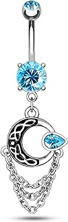 COCHARM Moon Chain Dangle Belly Button Rings Aqua CZ Dangly Belly Rings for Women Belly Piercing Jewelry Dangling Stainless Steel