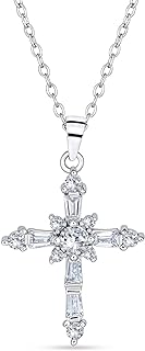 Bling Jewelry Bridal Exquisite Delicate Marquise and Baguette-Cut AAA Cubic Zirconia Religious Cross Pendant Necklace For Women Teens .925 Sterling Silver