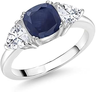 Elegant Blue Sapphire & White Moissanite 3-Stone Engagement Ring in 925 Sterling Silver by Gem Stone King - Sizes 5 to 9 Available