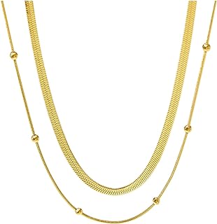Double Layered Necklace for Women 18K Gold Plated Woman Choker Necklaces,4mm Heringbone Chain & Beaded Snake Chain Necklace Set, Idea Gift for Girls