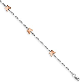 1.5mm 14k White and Rose Gold Polished Butterfly Angel Wings With 1inch Ext. Anklet 9.5 Inch Jewelry for Women