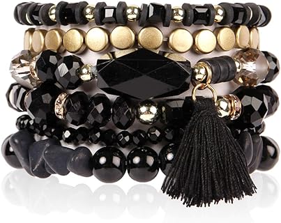 RIAH FASHION Green Beaded Multi-Layer Statement Bracelet with Bead Chain and Spring Ring Clasp