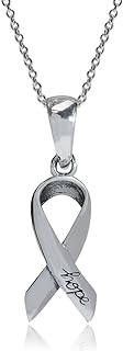 Spring Ring Clasp Hope Ribbon Pendant Necklace with 925 Sterling Silver Chain for Women, Rhodium Plated, Cancer Awareness Design