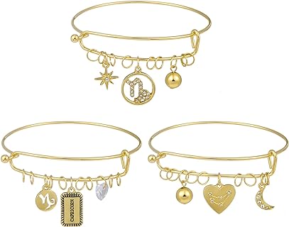 Madison Tyler 3-Piece Women's Zodiac Rhinestone Accent Expandable Bangle Set with Box Chain, 14k Gold Plated and Recyclable with Aquarius Charms - The Perfect Good Luck Gift