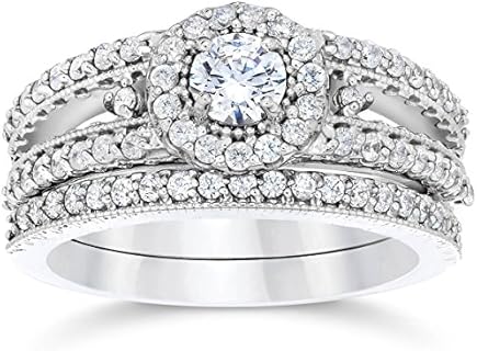 1 Carat Vintage Halo Diamond Engagement Wedding Ring Set 14K White Gold