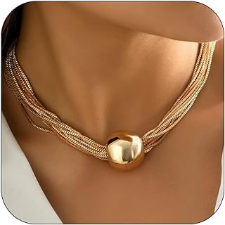 Women's Chunky Gold Statement Choker Necklace - Thick Geometric Sphere Design with Sturdy Snake Chain