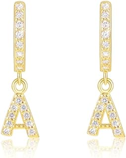 Hinged Hoop Initial Dangle Earrings with Cubic Zirconia for Women and Girls, 14K Gold-plated Hypoallergenic Zinc Jewelry