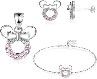 Minnie Mouse 3 Pieces Silver Jewelry Set Animal collection for Girls Stud Earrings Bracelet Pendant Sets for Kids Pink Color Zircon Mouse Jewelry for Women Girls Teens