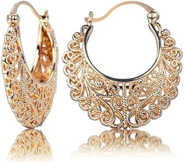 Filigree Earrings,XILAZAB Vintage Filigree Hoop Earrings Oval Hollowed Gold Plated Dangle Earrings Click-Top Boho Yellow Fashion Earrings for Women