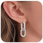 Gold Paperclip Hoop Earrings for Women, Geometric Rectangle Stainless Steel Versatile Convertible Hinged Hoop Design