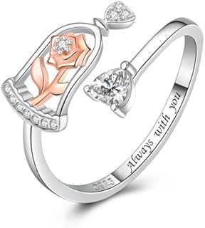 Beauty and the Beast Rose Ring for Women - 925 Sterling Silver Adjustable Rose Rings Jewelry Gifts for Women Teen Girls