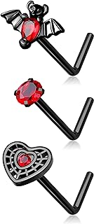 MeIighting 3PCS Bat Nose Rings 20G Halloween Nose Studs Surgical Steel 316L Heart Nose Piercing Jewelry L Shaped Bat Nostril Piercing Jewerly