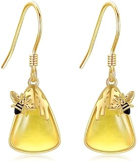 14k Solid Gold French Wire Amber Drop Earrings in Dangle Bee Design for Women - Ideal Birthday/Valentine's/Christmas Gift