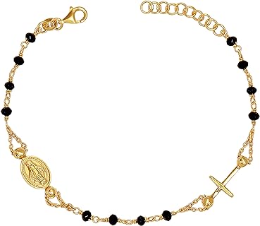 LeCalla Sterling Silver Box Chain Bracelet with Mother Mary Cross Pendant, Lightweight Rosary Design for Women, Secured with Lobster Claw Clasp & Embellished with a Zircon Gemstone