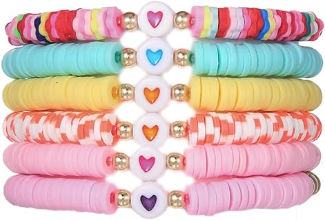 COLORFUL BLING 5-12Pcs Bohemian Love Heart Bead Bracelets for Women Vinyl Disc Heishi Surfer Stackable Stretch Bracelet Summer Beach Boho Jewelry