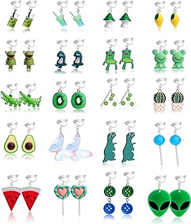 JeryWe 20-Pair Set - Clip On Earrings with Cubic Zirconia Gem, Non-Piercing Designs for Women and Girls, in Playful Shapes of Frogs, Flowers, Bears and Butterflies
