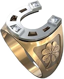 U-Shaped Horseshoe Motorcycle Wedding Ring for Men, Punk Rock Style with Silver and Gold Two-Tone Petal Inlay and 3 Cubic Zirconia Accents, Crafted in High-Quality Stainless Steel