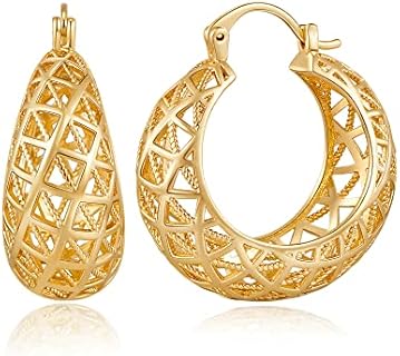 WOWORAMA Gold Filigree Hoop Earrings for Women 14K Gold Plated Thick Chunky Hoop Earrings Boho Vintage Filigree Earrings Wide Large Openwork Hoop Earrings