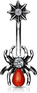 Pierced Owl CZ Crystal Center Red Spider with Web Top Belly Button Navel Ring