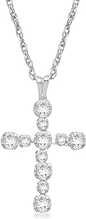 Jewelili 10K Gold 2 MM and 3 MM Round White Cubic Zirconia Cross Pendant Necklace, 18" Gold Filled Rope Chain