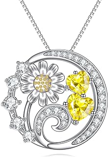 KQF Daisy Necklace for Women 925 Sterling Silver Cubic Zirconia Yellow Heart Pendant Daisy Flower Jewelry Gift for Girls