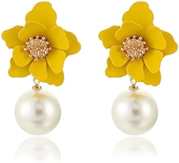 Flower Dangle Earrings for Women Pearl Small Floral Stud Earrings Boho Arylic Resin Flower Drop Dangling Earrings for Girls Hawaiian Spring Summer Tropical Beach Earrings Jewelry