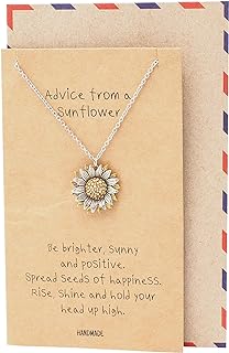 Sunflower Pendant Necklace for Women by Quan Jewelry, Pewter and Stainless Steel with Lobster Clasp and C-Link Chain, Two-tone Design - Perfect Gift with Inspirational Card
