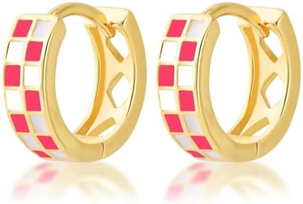18k Gold Filled Small Checkered Hoop Earrings, Multicolor Enamel Hoops Earrings for Women, Tiny Round Circle Huggie Hypoallergenic Earrings Piercing Jewellery Gift for Women Girls